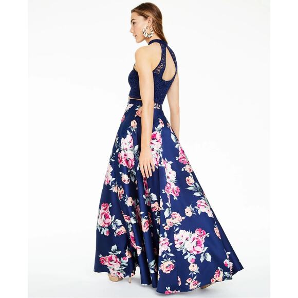 City Studio Maxi Skirt Juniors 1 Blue Floral Formal Evening Party Event Prom - Picture 1 of 12